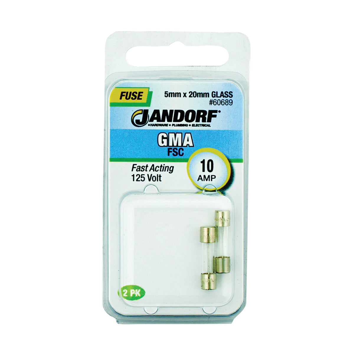 Jandorf 60689 Fast Acting Fuse, 10 A, 125 V, 200 A Interrupt, Glass Body
