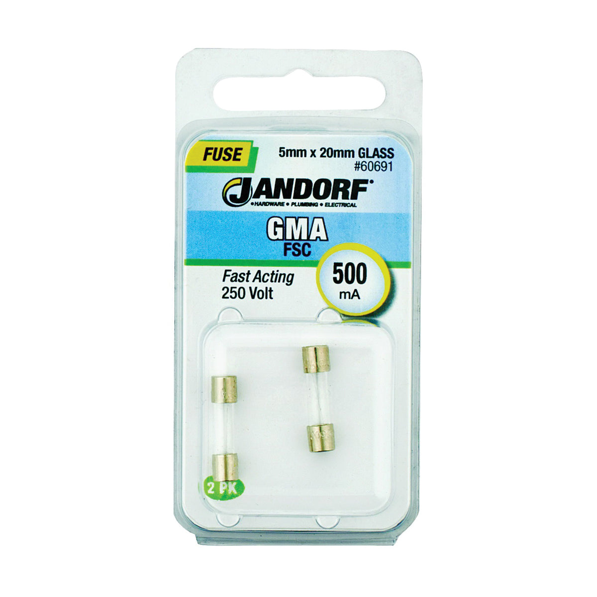 Jandorf 60691 Fast Acting Fuse, 500 mA, 250 V, 35 A, 10 kA Interrupt, Glass Body