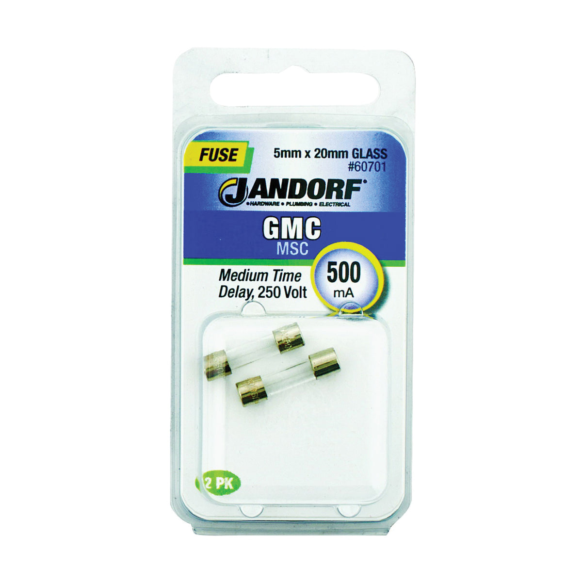 Jandorf 60701 Time Delay Fuse, 500 mA, 250 V, 35 A, 1 kA Interrupt, Glass Body