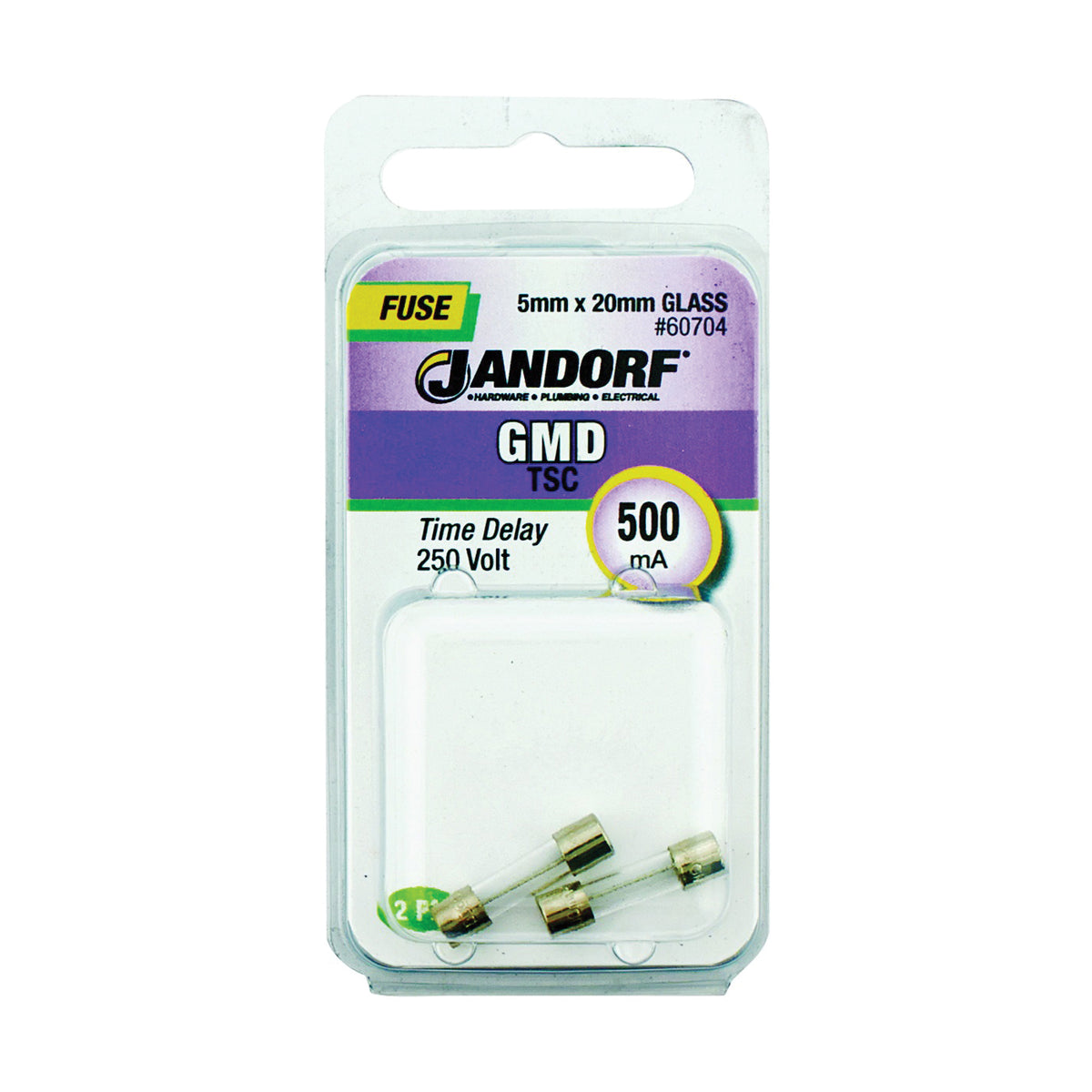 Jandorf 60704 Time Delay Fuse, 500 mA, 250 V, 35 A, 10 kA Interrupt, Glass Body