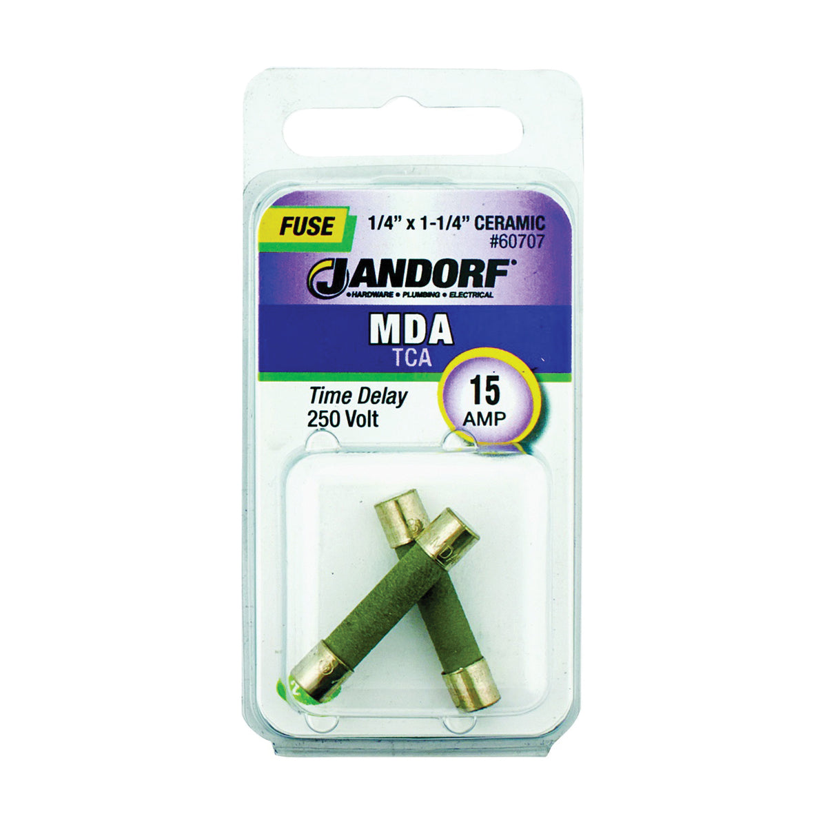 Jandorf 60707 Time Delay Fuse, 15 A, 250 V, 750 A, 10 kA Interrupt, Ceramic Body