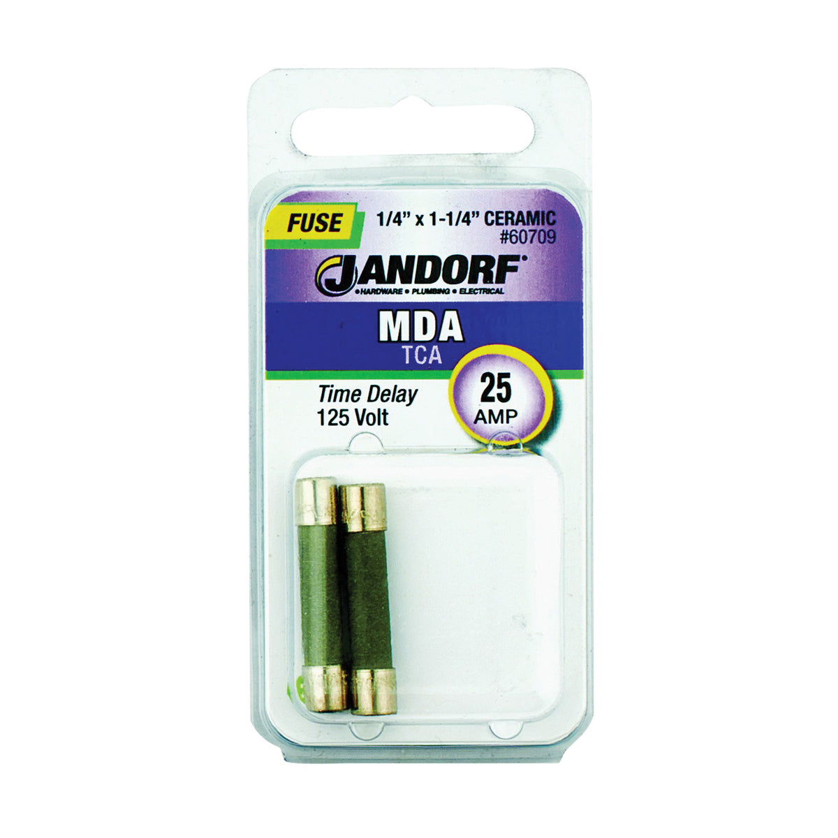 Jandorf 60709 Time Delay Fuse, 25 A, 125 VDC, 1500 A, 10 kA Interrupt, Ceramic Body