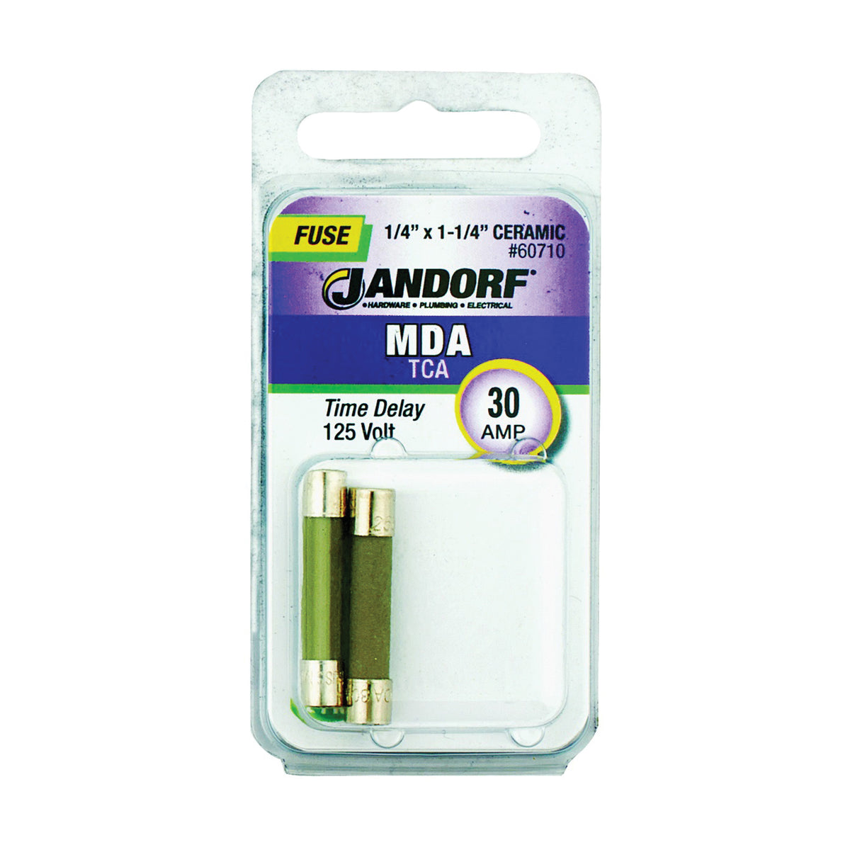Jandorf 60710 Time Delay Fuse, 30 A, 125 VDC, 1500 A, 10 kA Interrupt, Ceramic Body