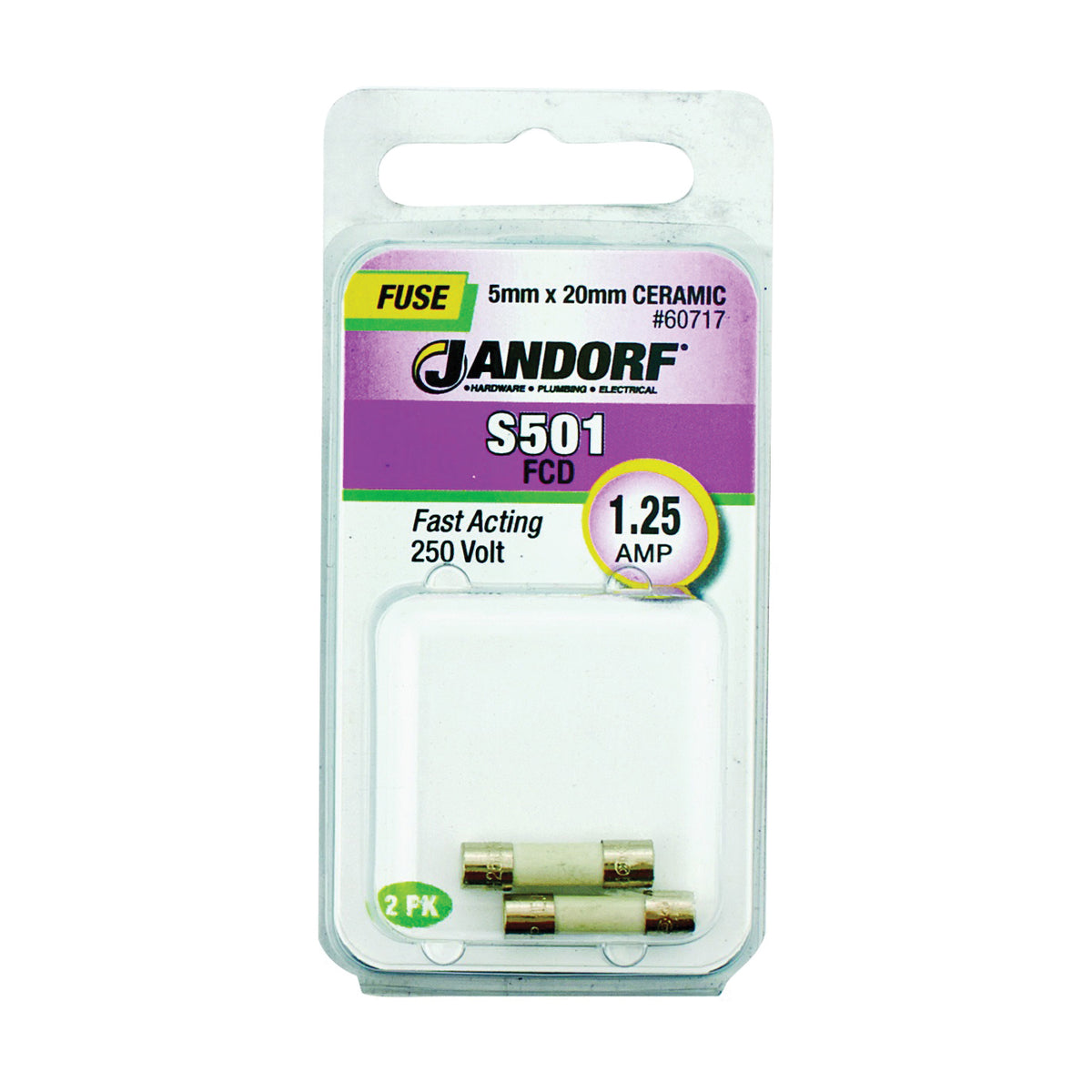 Jandorf 60717 Fast Acting Fuse, 1.25 A, 250 V, 1500 A Interrupt, Ceramic Body
