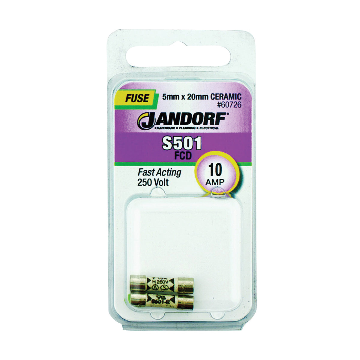 Jandorf 60726 Fast Acting Fuse, 10 A, 250 V, 1500 A Interrupt, Ceramic Body