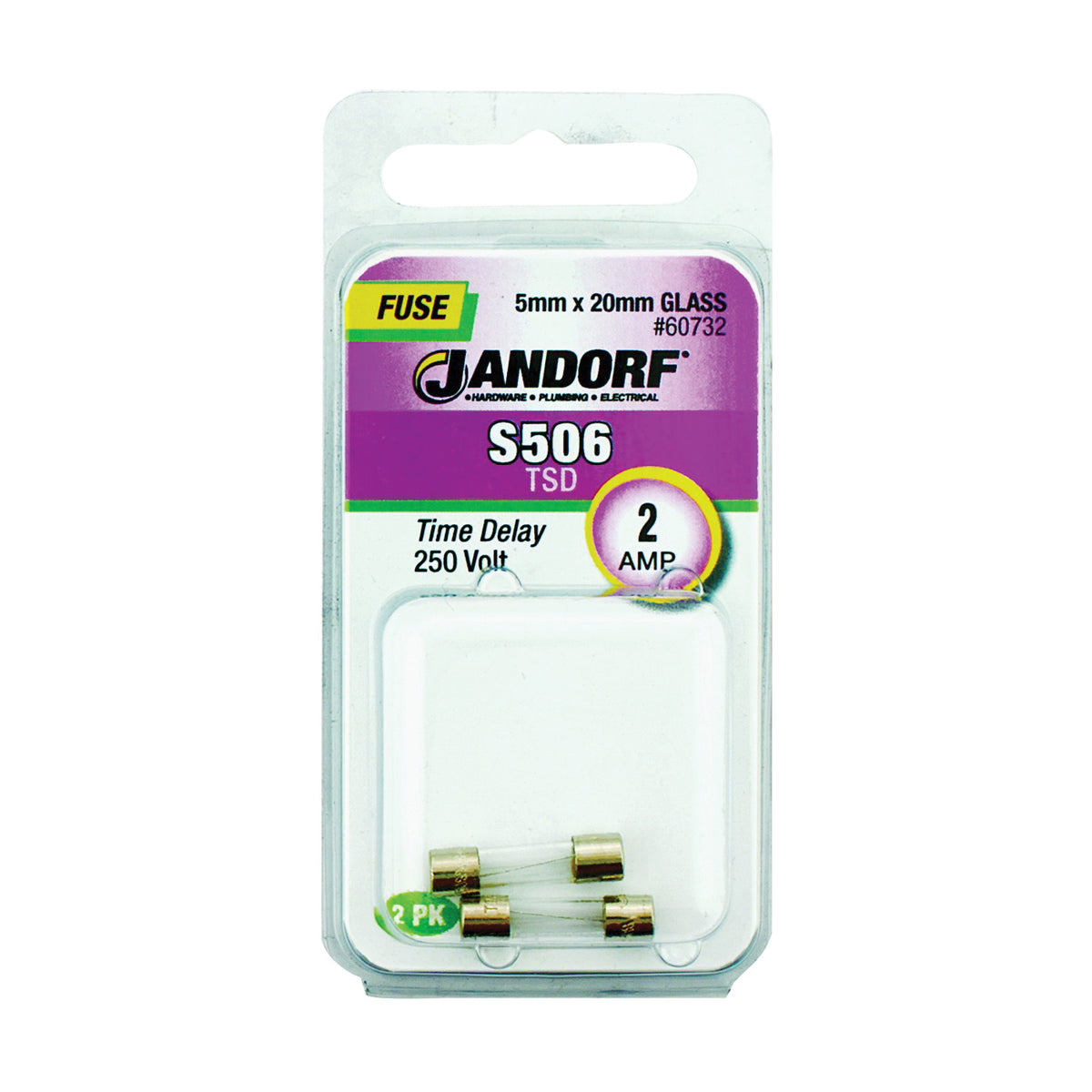 Jandorf 60732 Time Delay Fuse, 2 A, 250 V, 35 A Interrupt, Glass Body