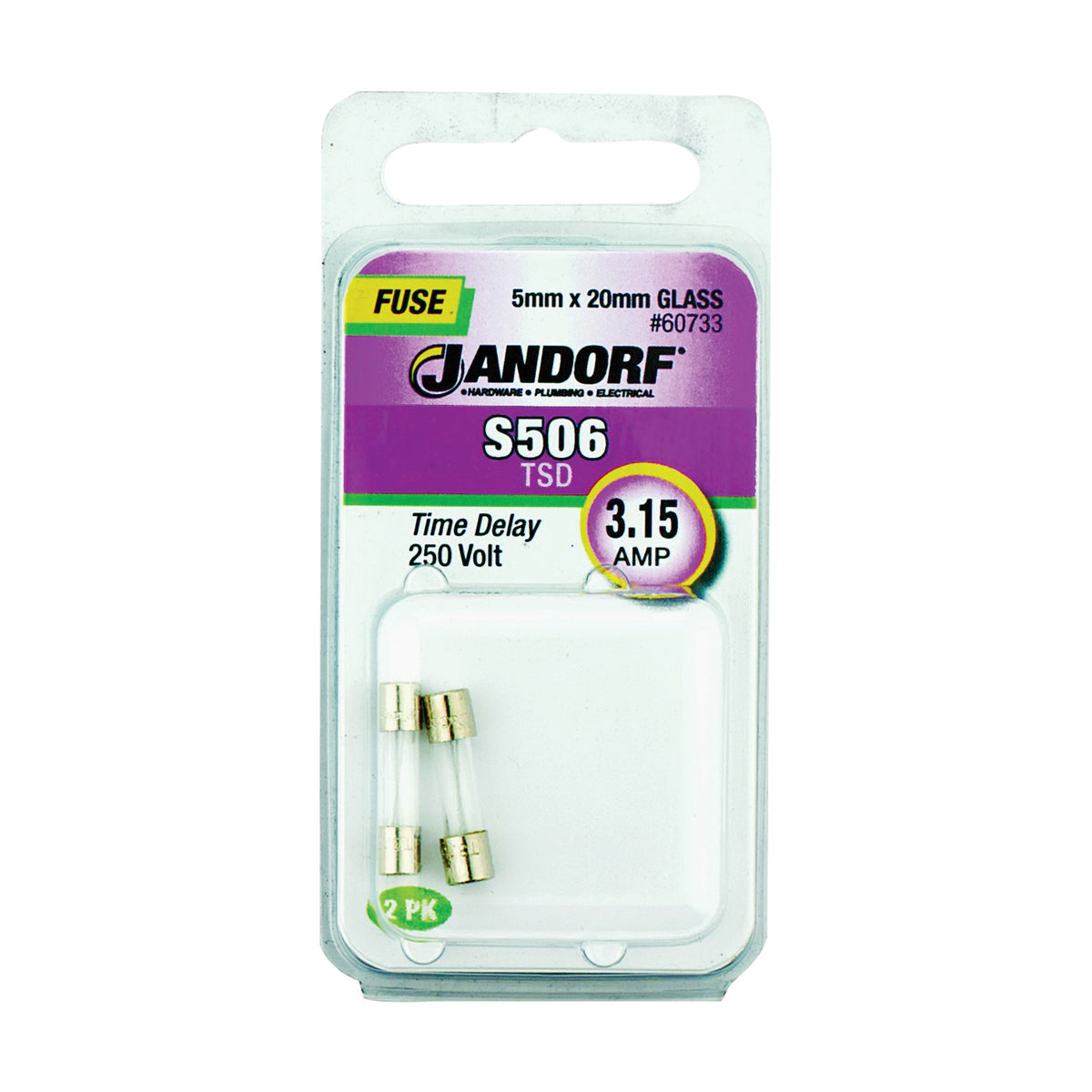 Jandorf 60733 Time Delay Fuse, 3.15 A, 250 V, 35 A Interrupt, Glass Body