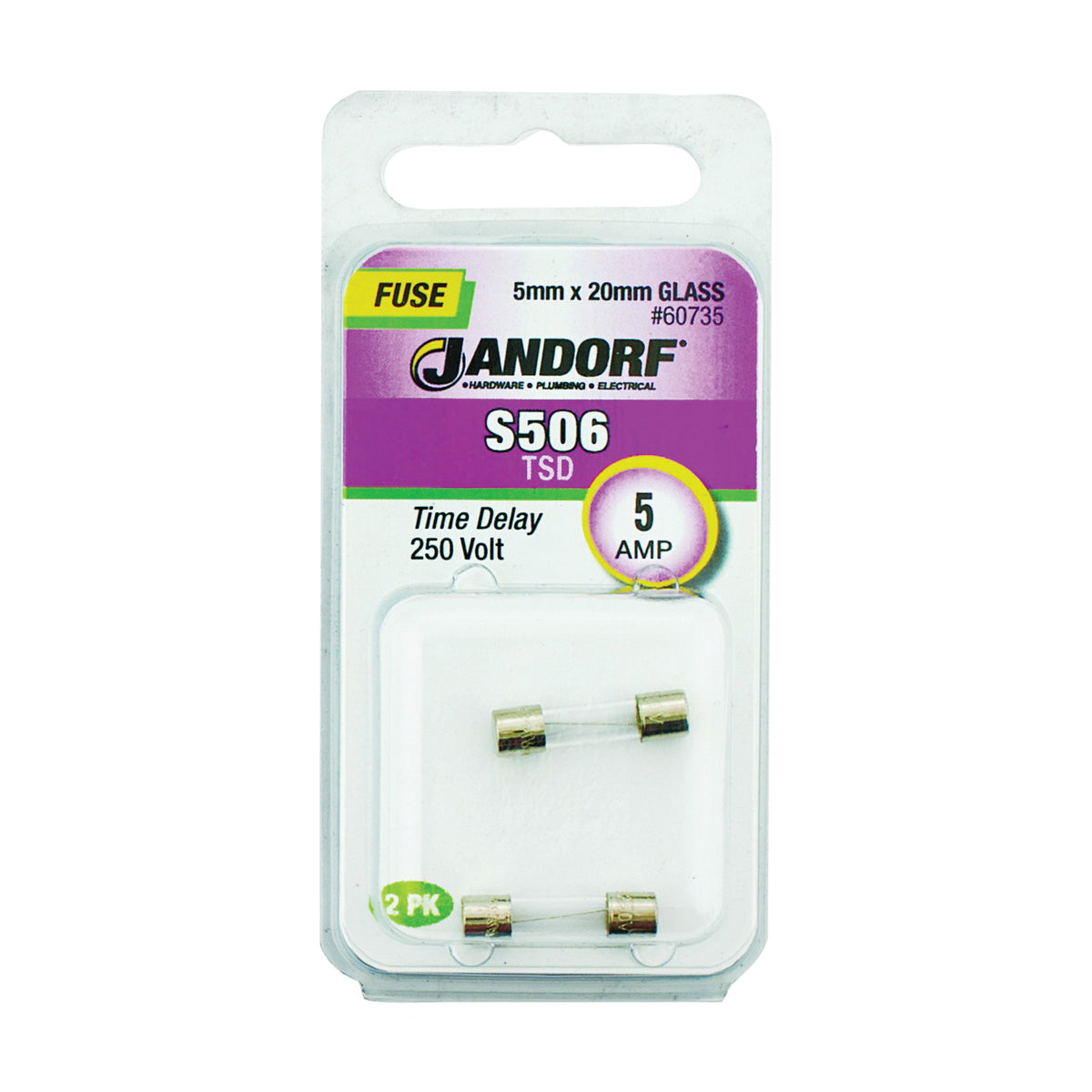 Jandorf 60735 Time Delay Fuse, 5 A, 250 V, 50 A Interrupt, Glass Body