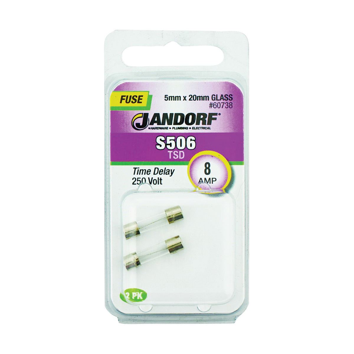 Jandorf 60738 Time Delay Fuse, 8 A, 250 V, 80 A Interrupt, Glass Body