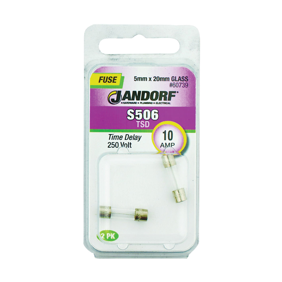 Jandorf 60739 Time Delay Fuse, 10 A, 250 V, 100 A Interrupt, Glass Body