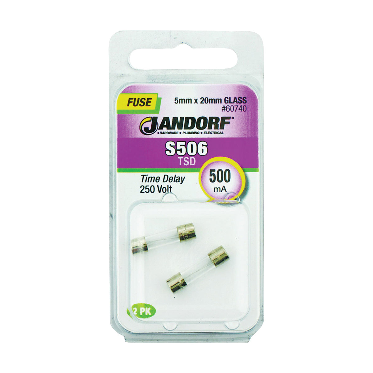 Jandorf 60740 Time Delay Fuse, 500 mA, 250 V, 35 A Interrupt, Glass Body