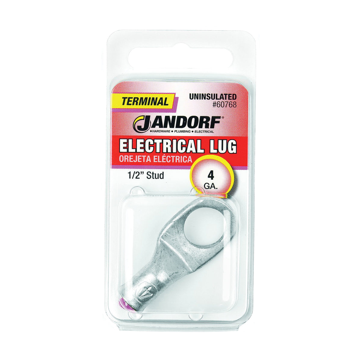 Jandorf 60768 Electrical Lug, 4 AWG Wire, 1/2 in Stud, Copper Contact