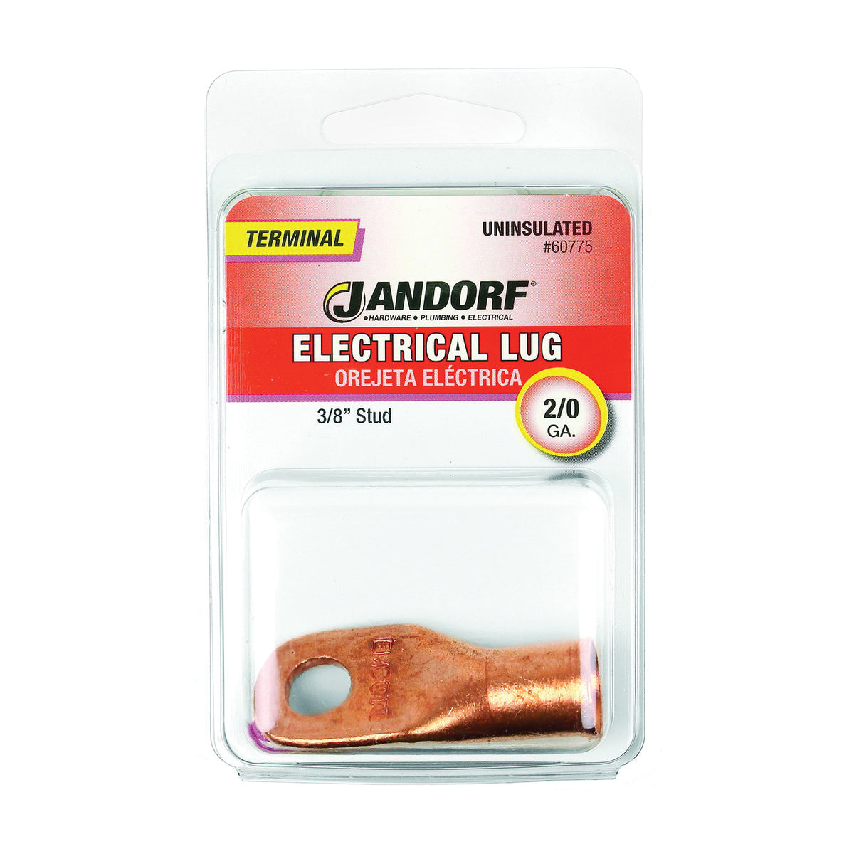 Jandorf 60775 Electrical Lug, 2/0 AWG Wire, 3/8 in Stud, Copper Contact, Brown