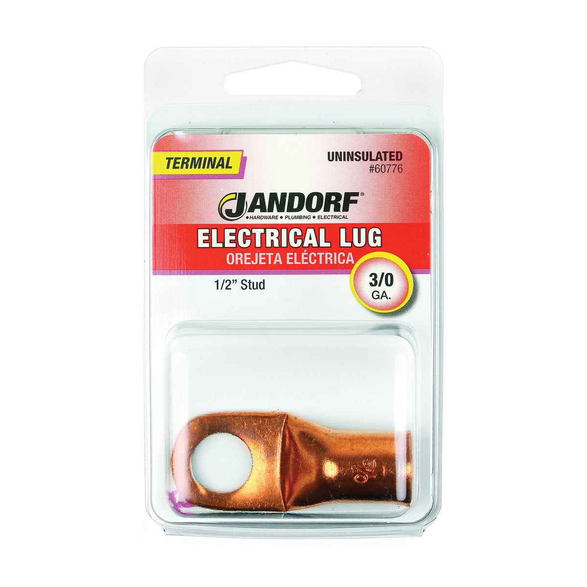 Jandorf 60776 Electrical Lug, 3/0 AWG Wire, 1/2 in Stud, Copper Contact, Brown