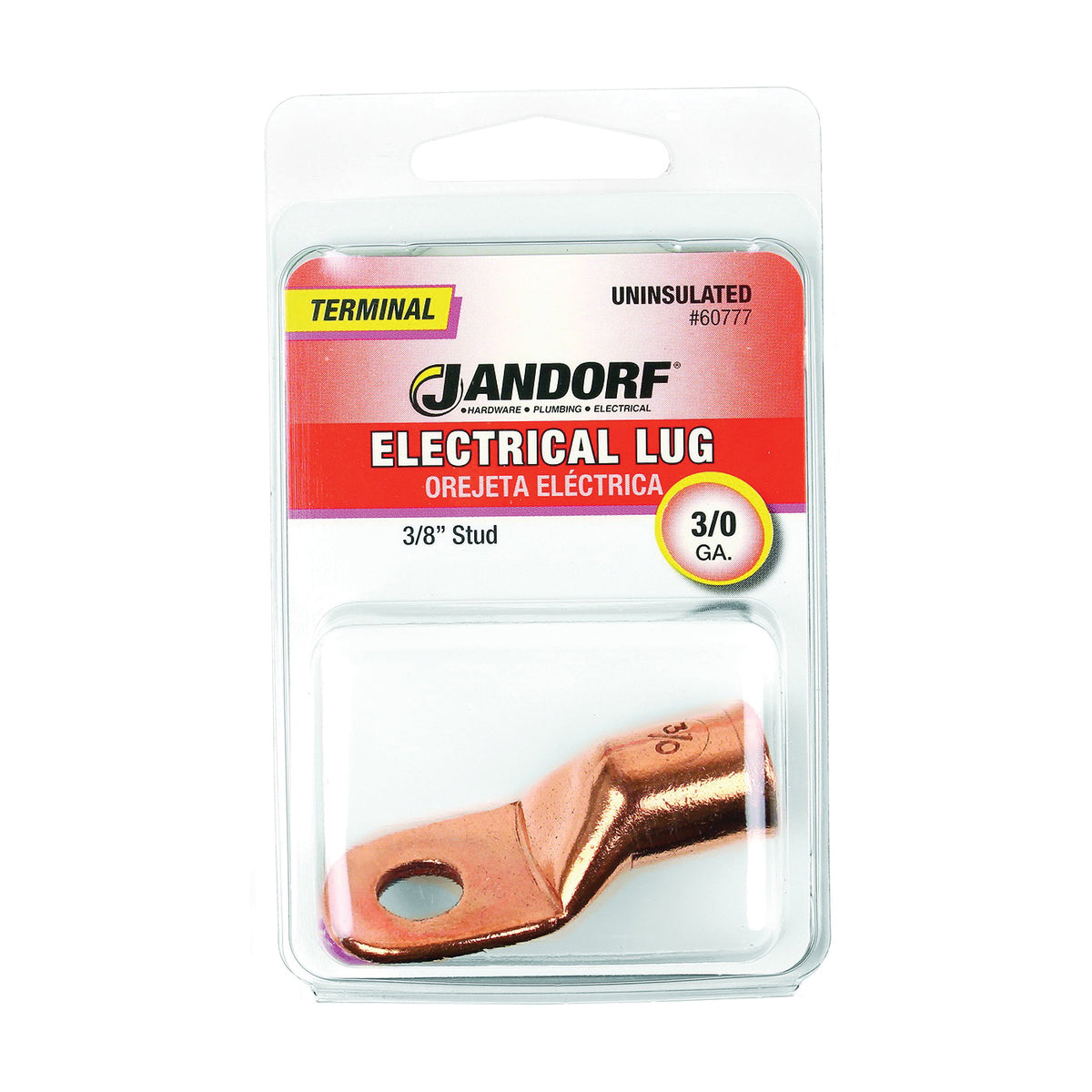 Jandorf 60777 Electrical Lug, 3/0 AWG Wire, 3/8 in Stud, Copper Contact, Brown