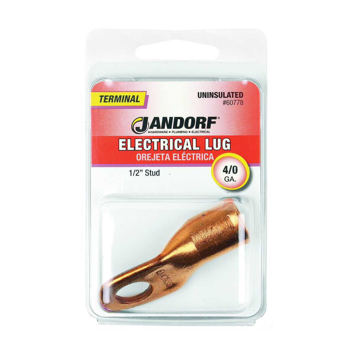 Jandorf 60778 Electrical Lug, 4/0 AWG Wire, 1/2 in Stud, Copper Contact, Brown