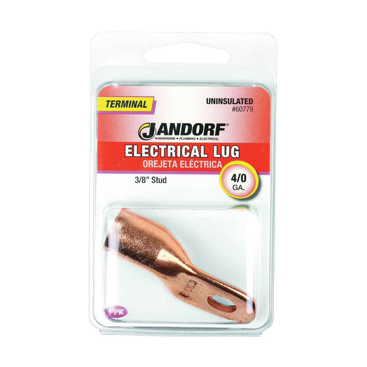 Jandorf 60779 Electrical Lug, 4/0 AWG Wire, 3/8 in Stud, Copper Contact, Brown