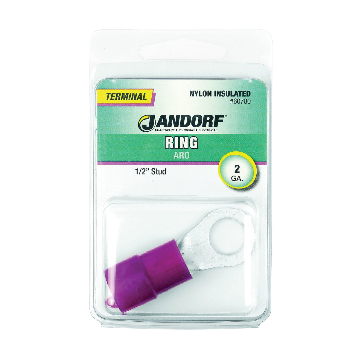 Jandorf 60780 Ring Terminal, 2 AWG Wire, 1/2 in Stud, Nylon Insulation, Copper Contact, Red