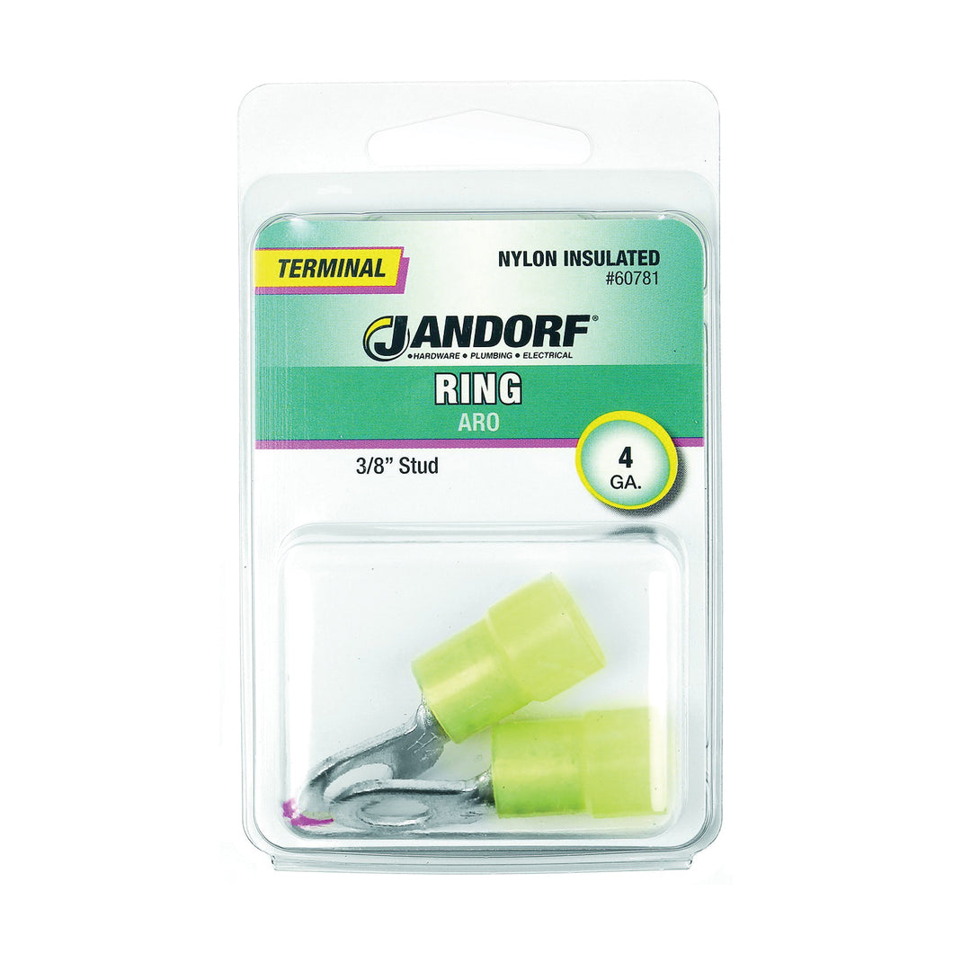 Jandorf 60781 Ring Terminal, 4 AWG Wire, 3/8 in Stud, Nylon Insulation, Copper Contact, Yellow