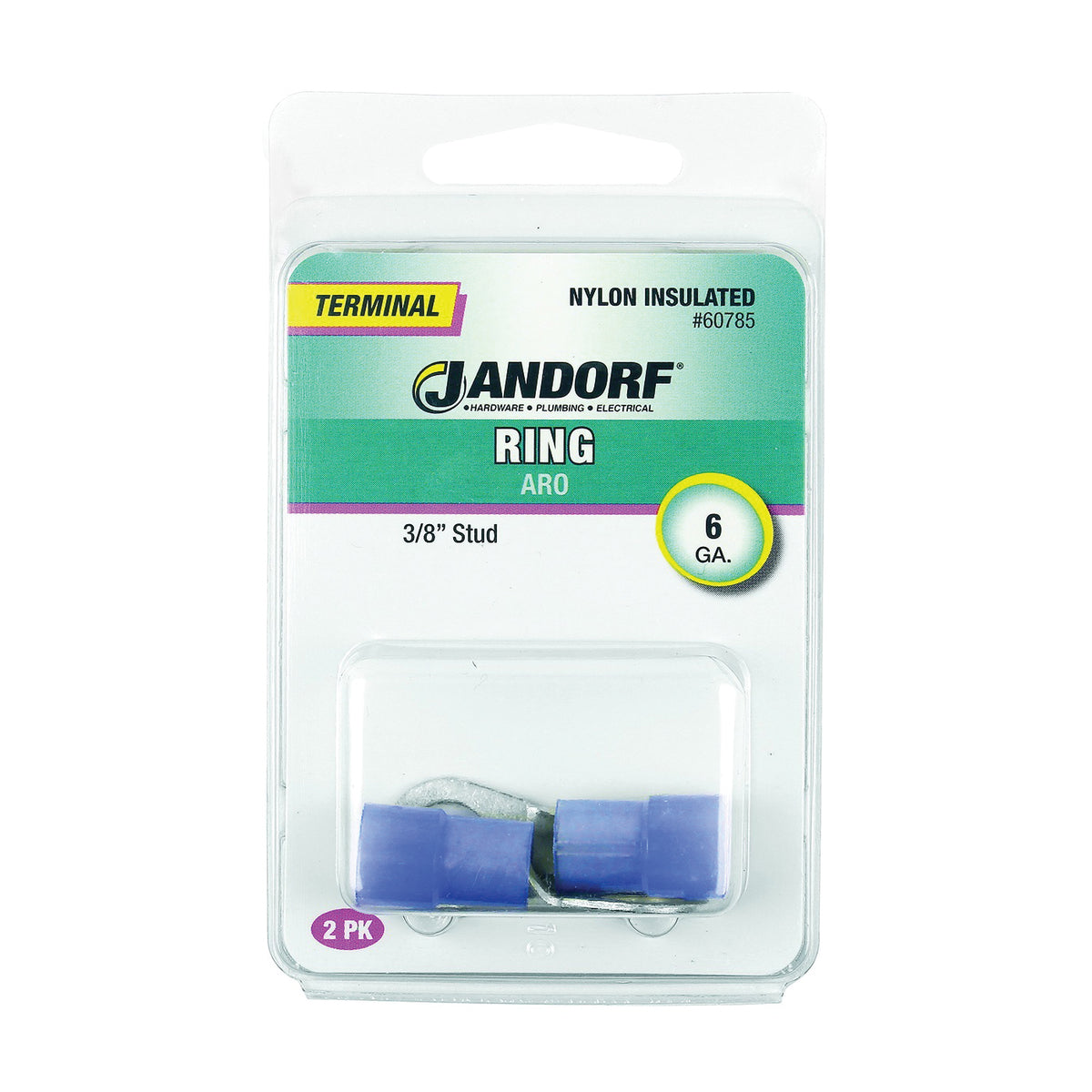 Jandorf 60785 Ring Terminal, 6 AWG Wire, 3/8 in Stud, Nylon Insulation, Copper Contact, Blue
