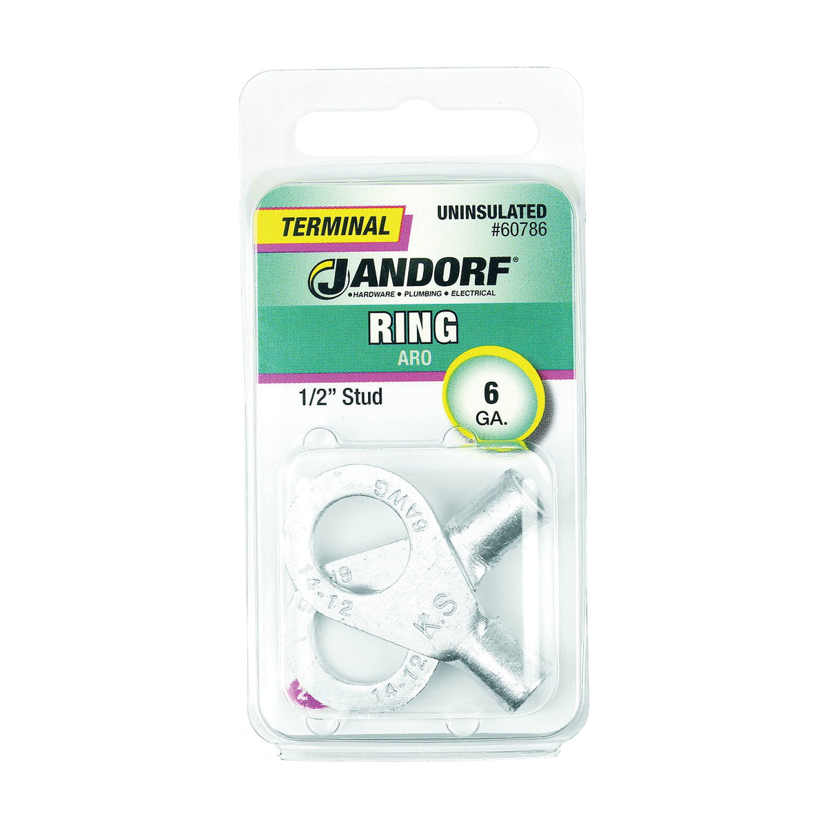 Jandorf 60786 Ring Terminal, 6 AWG Wire, 1/2 in Stud, Copper Contact