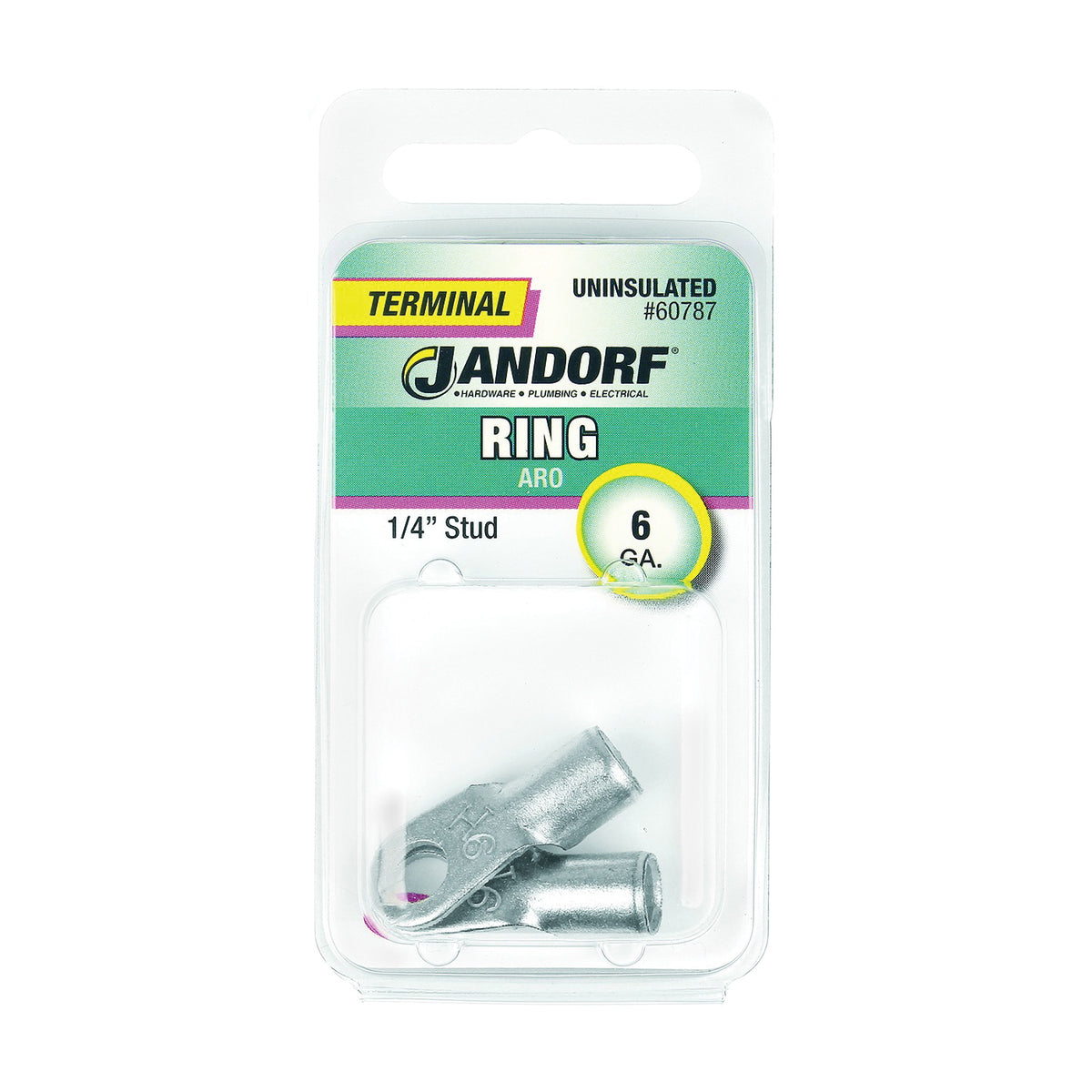 Jandorf 60787 Ring Terminal, 6 AWG Wire, 1/4 in Stud, Copper Contact
