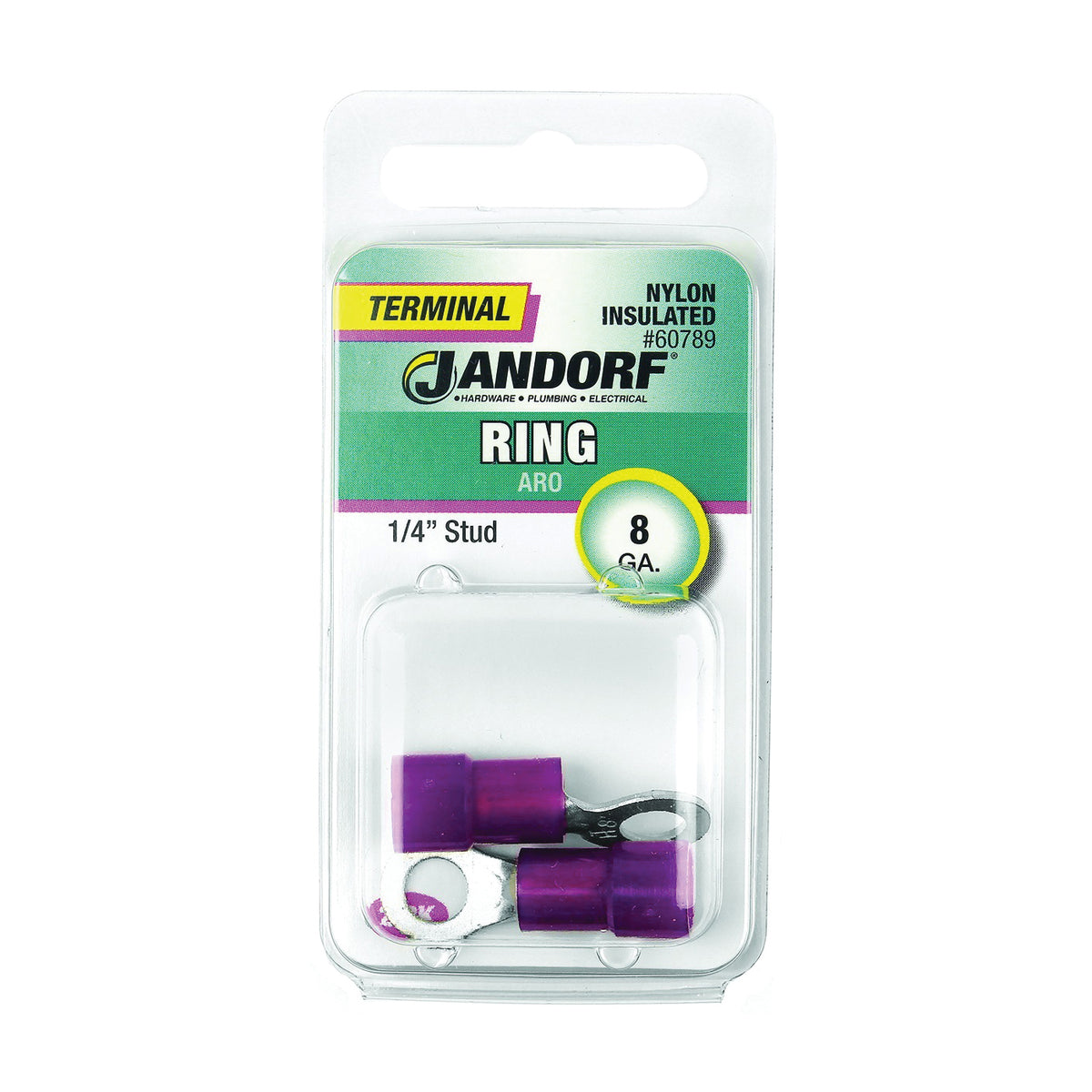 Jandorf 60789 Ring Terminal, 8 AWG Wire, 1/4 in Stud, Nylon Insulation, Copper Contact, Red