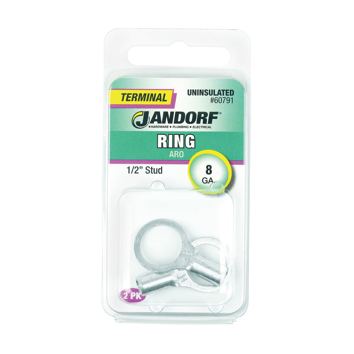 Jandorf 60791 Ring Terminal, 8 AWG Wire, 1/2 in Stud