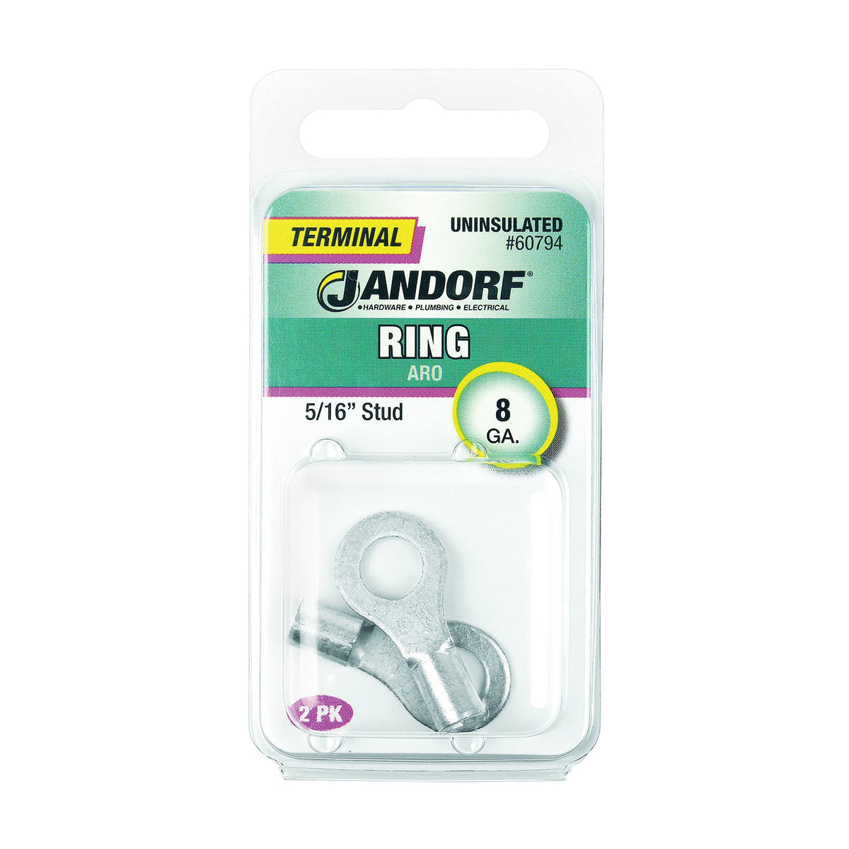 Jandorf 60794 Ring Terminal, 8 AWG Wire, 5/16 in Stud, Copper Contact