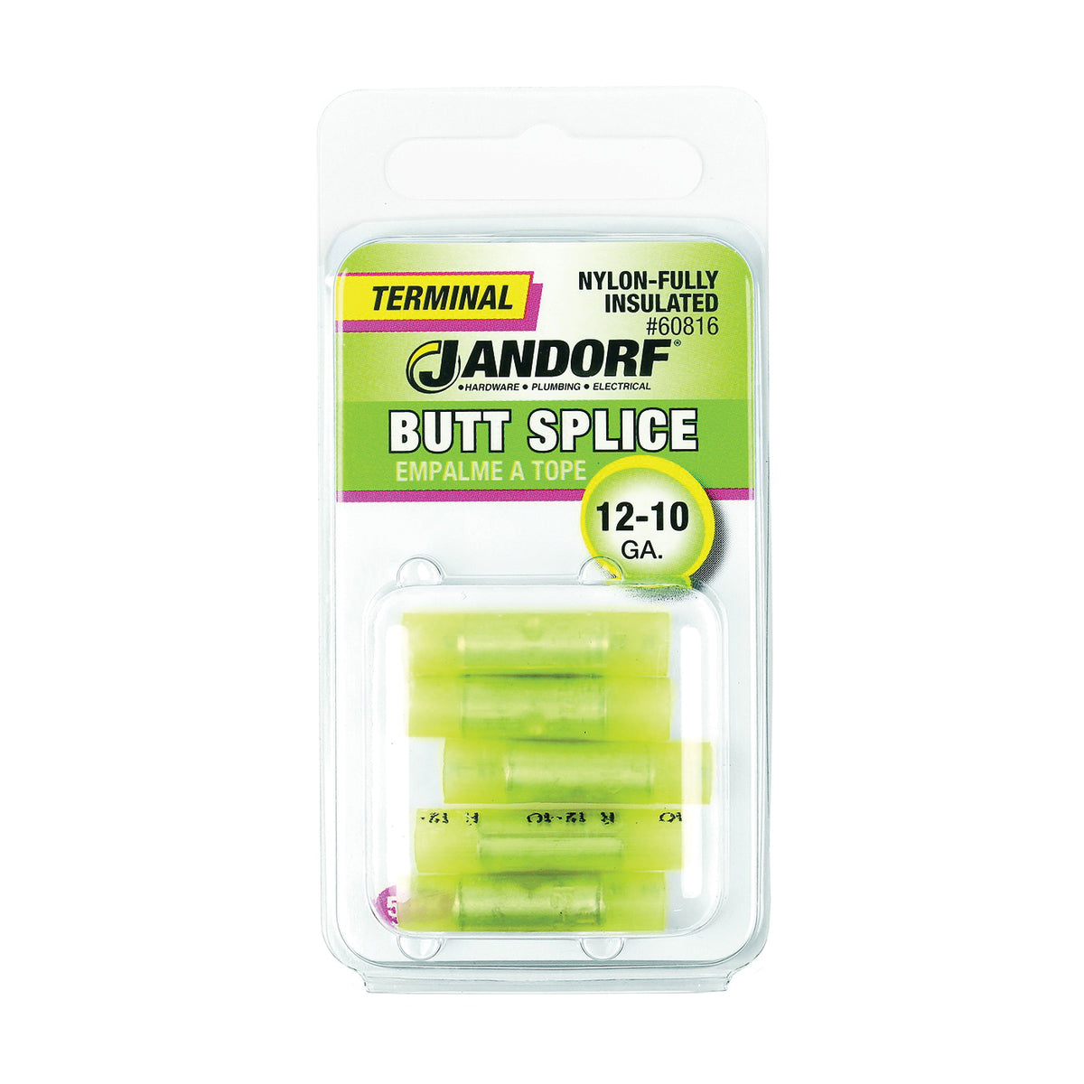 Jandorf 60816 Butt Splice Connector, 12 to 10 AWG Wire, Nylon Insulation, Copper Contact, Yellow