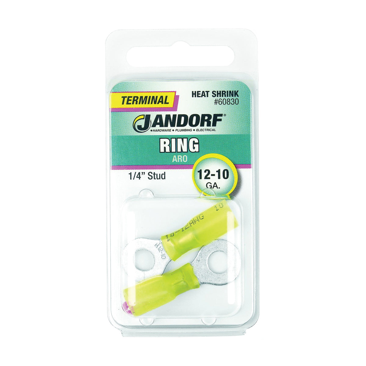 Jandorf 60830 Ring Terminal, 12 to 10 AWG Wire, 1/4 in Stud, Copper Contact, Yellow