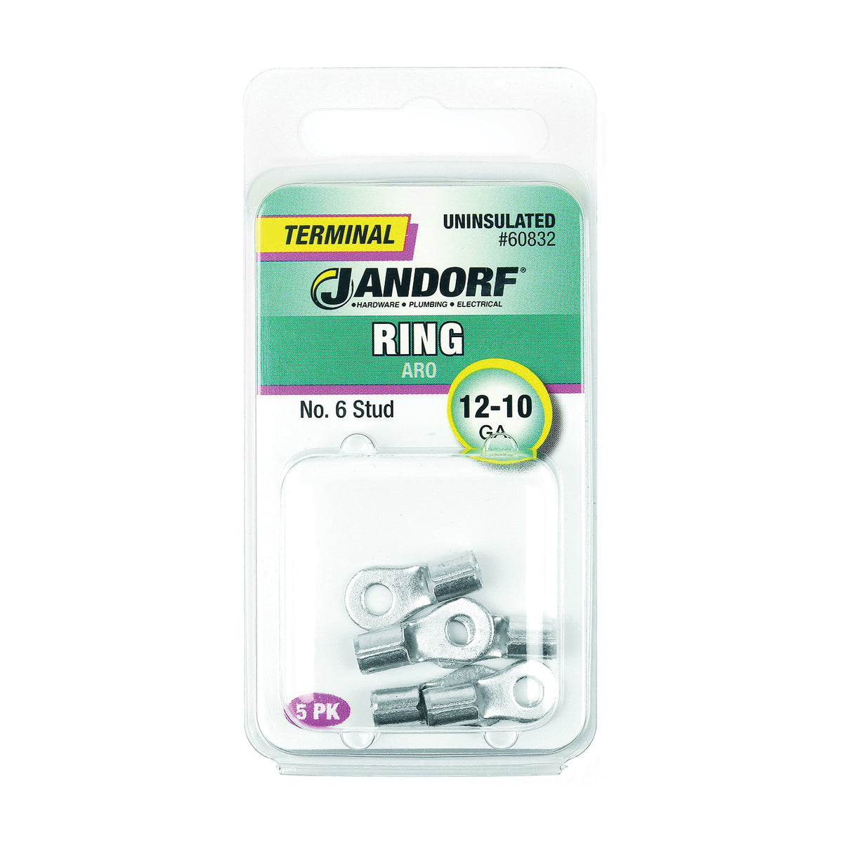 Jandorf 60832 Ring Terminal, 12 to 10 AWG Wire, #6 Stud, Copper Contact