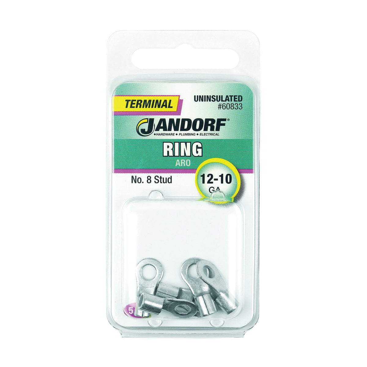 Jandorf 60833 Ring Terminal, 12 to 10 AWG Wire, #8 Stud, Copper Contact