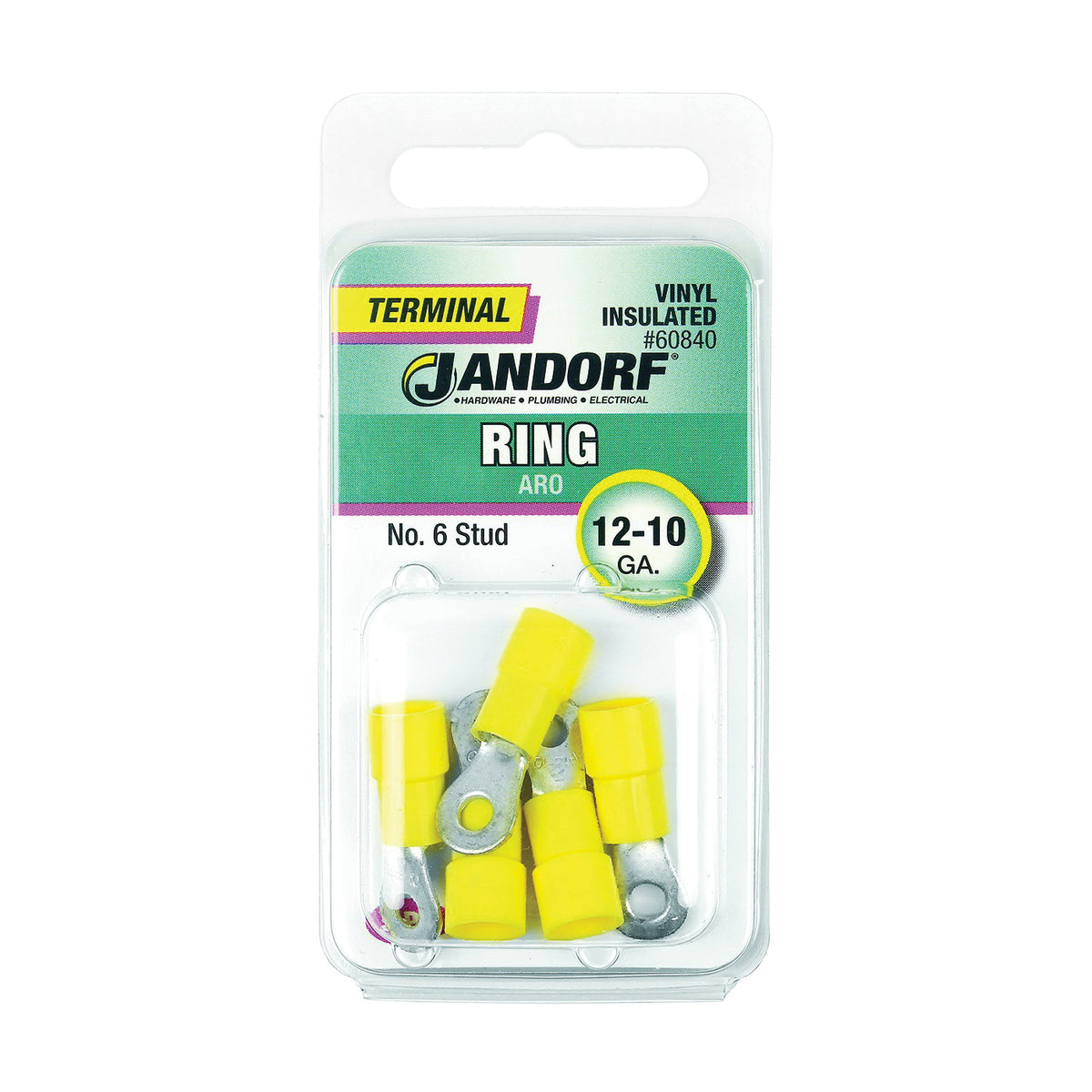 Jandorf 60840 Ring Terminal, 12 to 10 AWG Wire, #6 Stud, Vinyl Insulation, Copper Contact, Yellow
