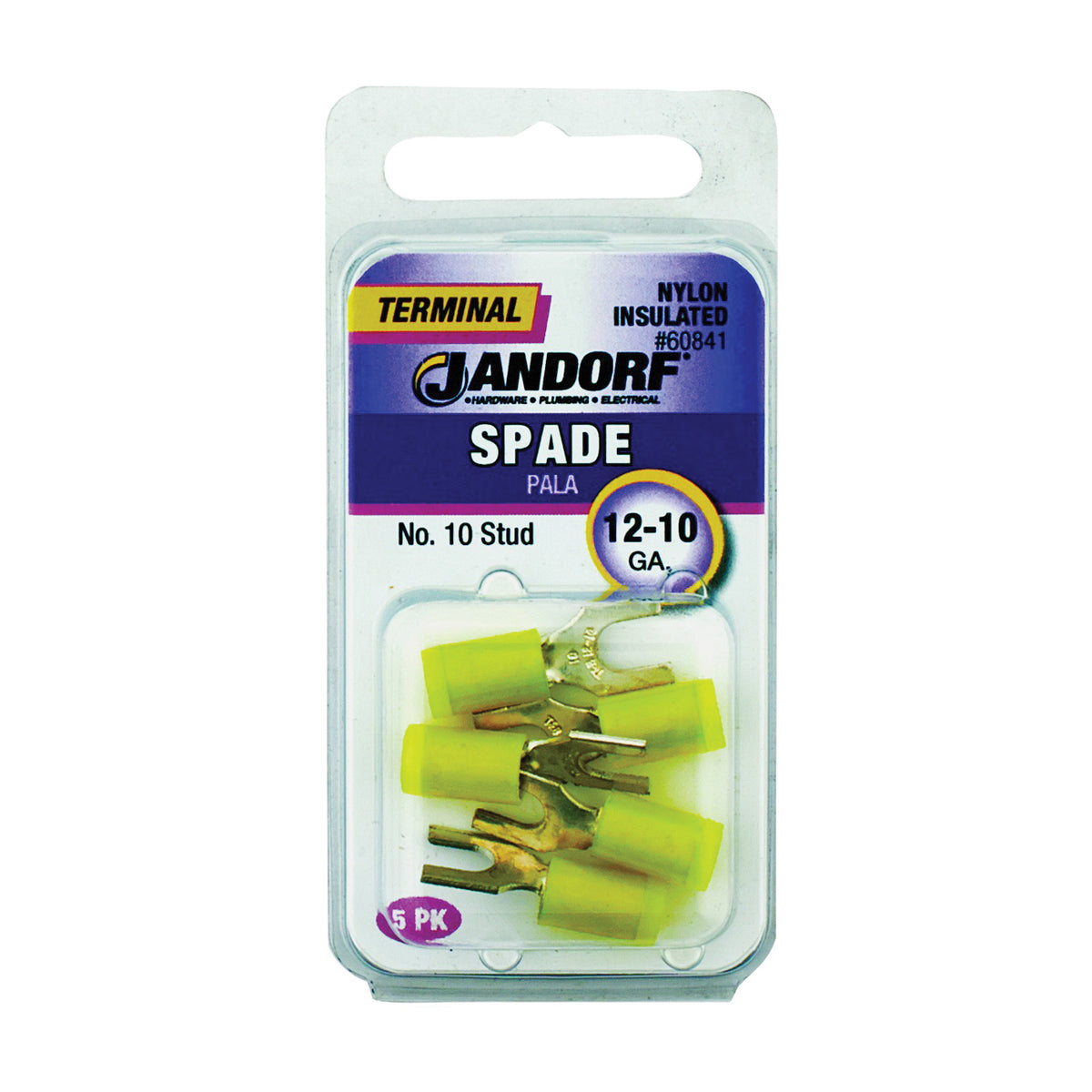 Jandorf 60841 Spade Terminal, 600 V, 12 to 10 AWG Wire, #10 Stud, Nylon Insulation, Copper Contact, Yellow