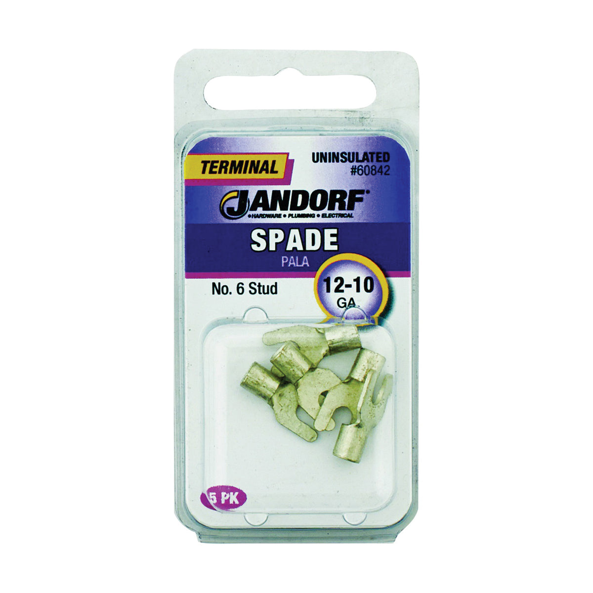 Jandorf 60842 Spade Terminal, 600 V, 12 to 10 AWG Wire, #6 Stud, Copper Contact