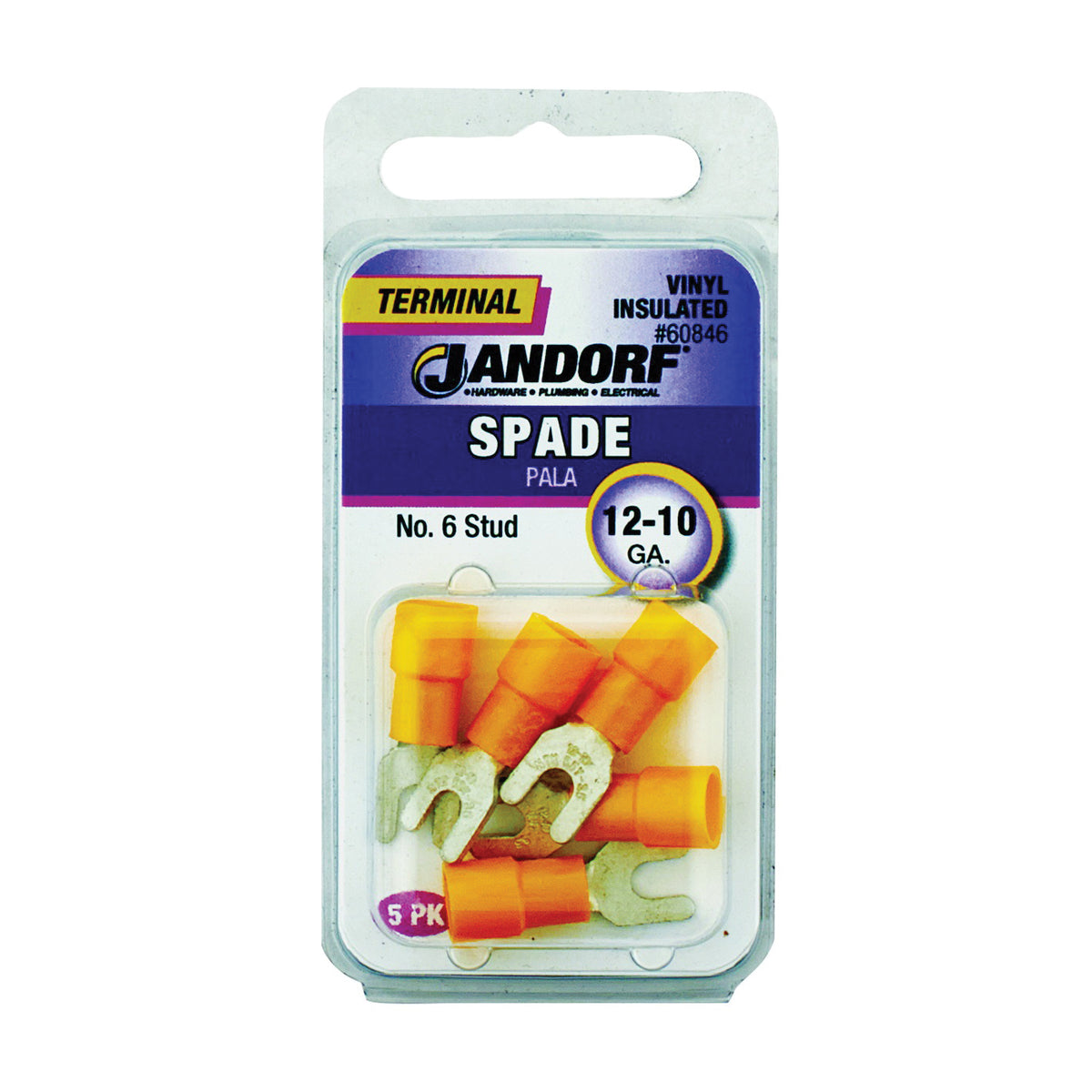 Jandorf 60846 Spade Terminal, 600 V, 12 to 10 AWG Wire, #6 Stud, Vinyl Insulation, Copper Contact, Yellow