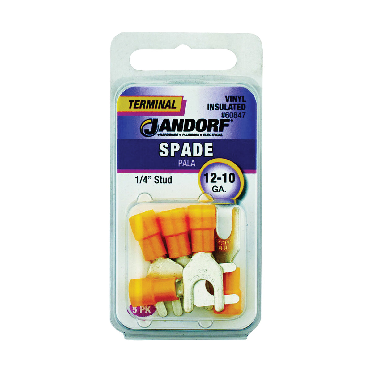 Jandorf 60847 Spade Terminal, 600 V, 12 to 10 AWG Wire, 1/4 in Stud, Vinyl Insulation, Copper Contact, Yellow