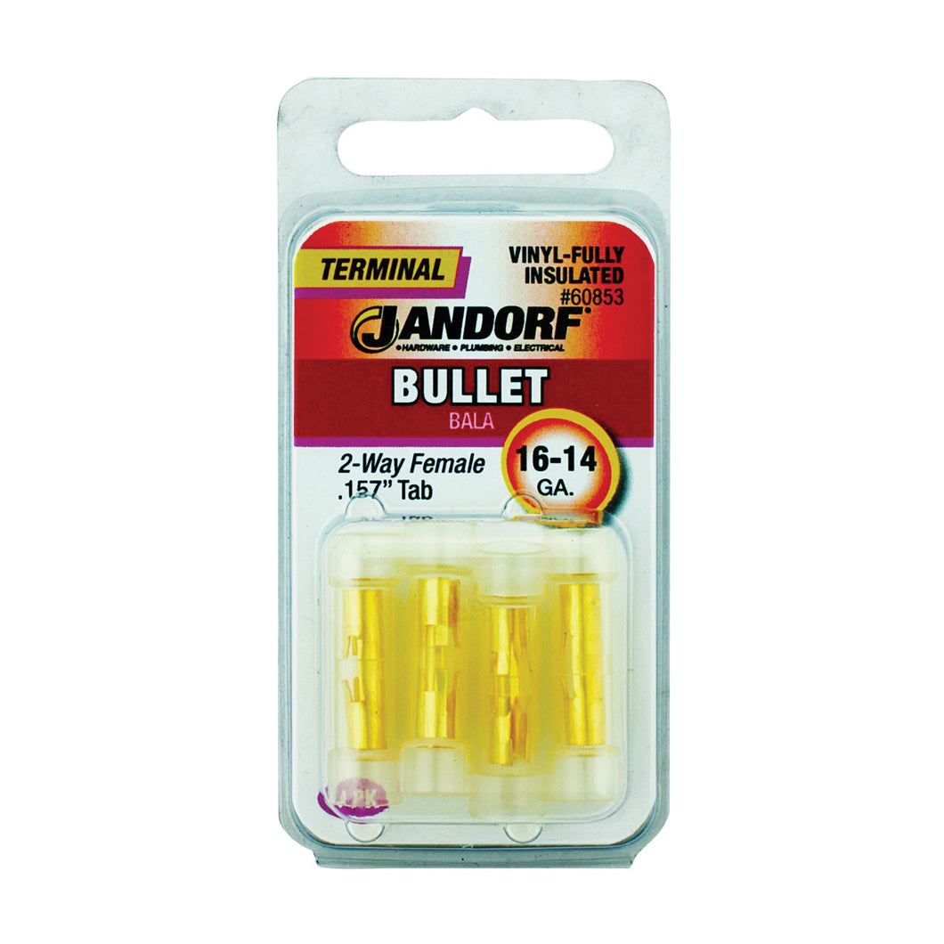 Jandorf 60853 Bullet Adapter, 600 V, 16 to 14 AWG Wire, Vinyl Insulation, Copper Contact, Yellow