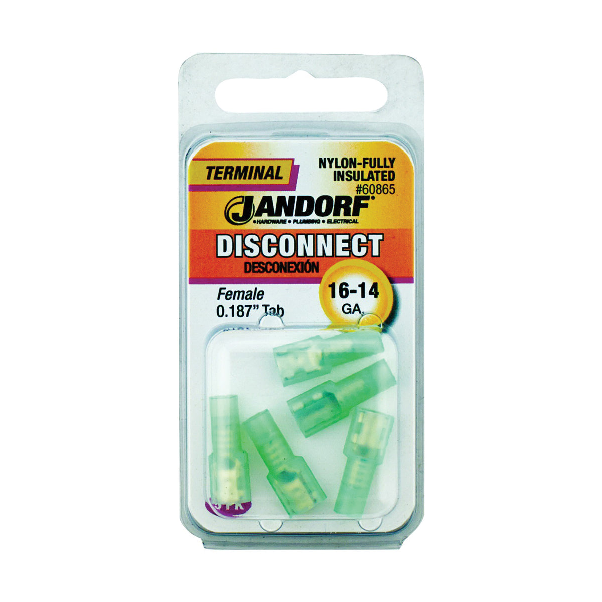 Jandorf 60865 Disconnect Terminal, 16 to 14 AWG Wire, Nylon Insulation, Copper Contact, Clear