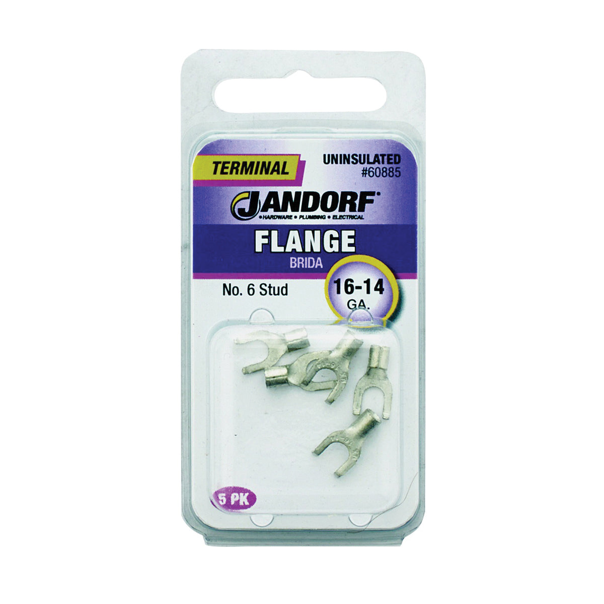 Jandorf 60885 Spade Terminal, 16 to 14 AWG Wire, #6 Stud, Copper Contact