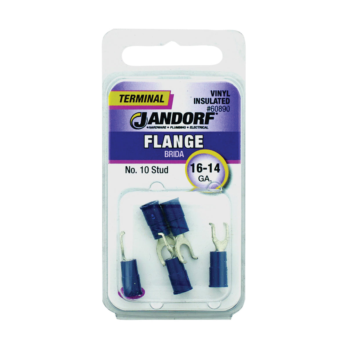 Jandorf 60890 Spade Terminal, 16 to 14 AWG Wire, #10 Stud, Vinyl Insulation, Copper Contact, Blue