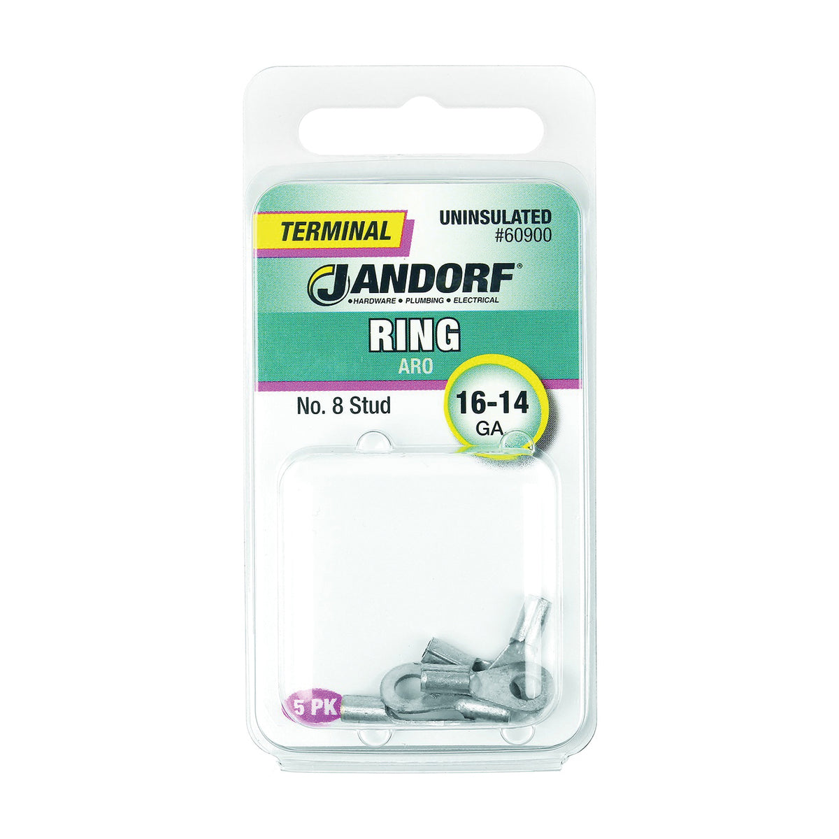 Jandorf 60900 Ring Terminal, 16 to 14 AWG Wire, #8 Stud, Copper Contact