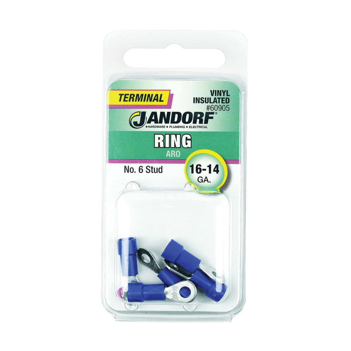 Jandorf 60905 Ring Terminal, 16 to 14 AWG Wire, #6 Stud, Vinyl Insulation, Copper Contact, Blue