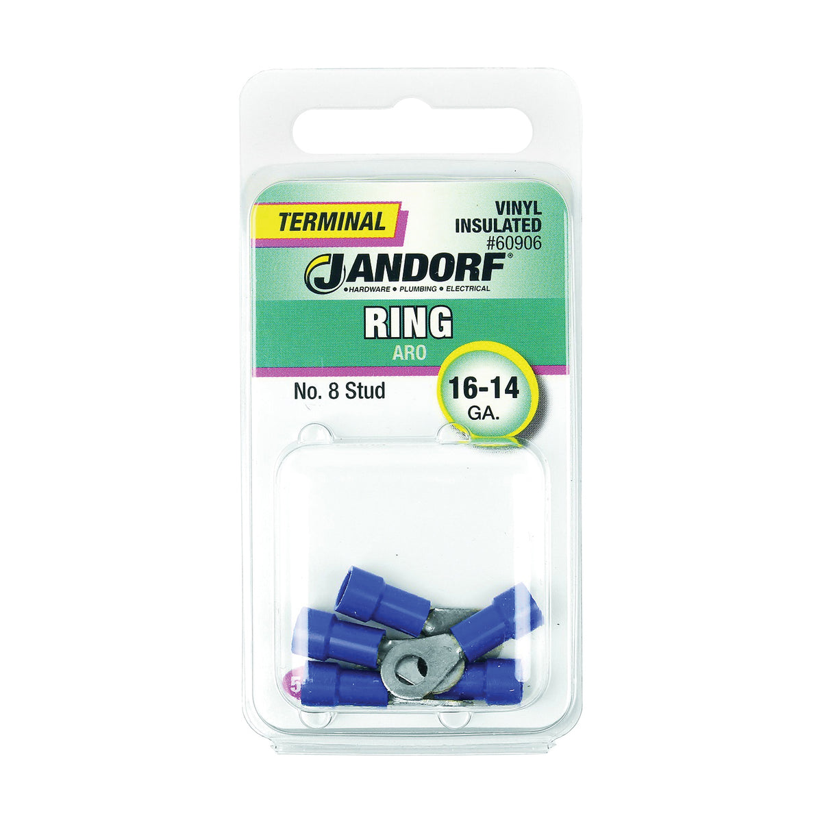 Jandorf 60906 Ring Terminal, 16 to 14 AWG Wire, #8 Stud, Vinyl Insulation, Copper Contact, Blue