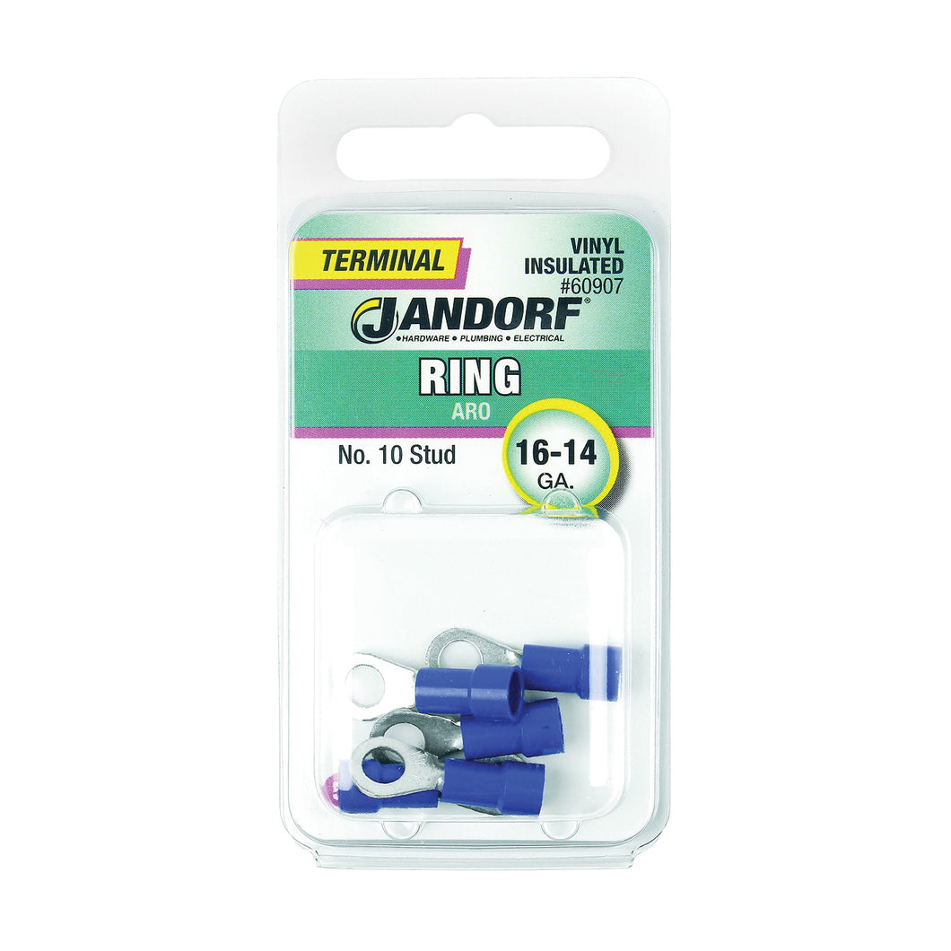 Jandorf 60907 Ring Terminal, 16 to 14 AWG Wire, #10 Stud, Vinyl Insulation, Copper Contact, Blue