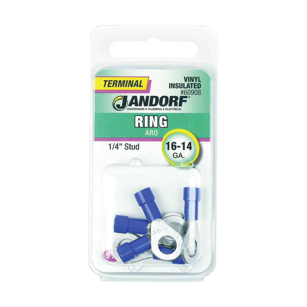Jandorf 60908 Ring Terminal, 16 to 14 AWG Wire, 1/4 in Stud, Vinyl Insulation, Copper Contact, Blue