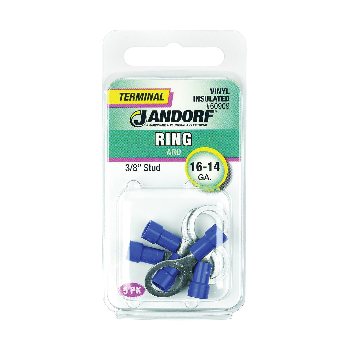 Jandorf 60909 Ring Terminal, 16 to 14 AWG Wire, 3/8 in Stud, Vinyl Insulation, Copper Contact, Blue