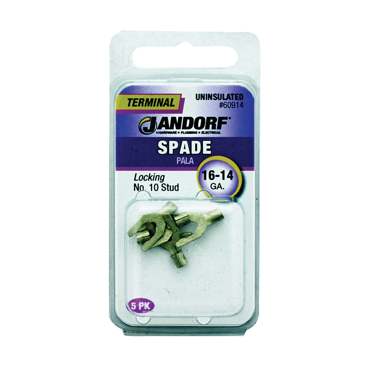 Jandorf 60914 Spade Terminal, 600 V, 16 to 14 AWG Wire, #10 Stud, Copper Contact