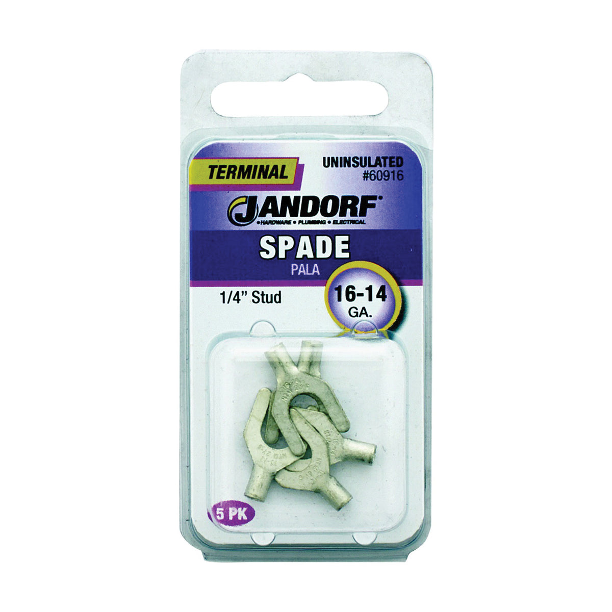 Jandorf 60916 Spade Terminal, 600 V, 16 to 14 AWG Wire, 1/4 in Stud, Copper Contact